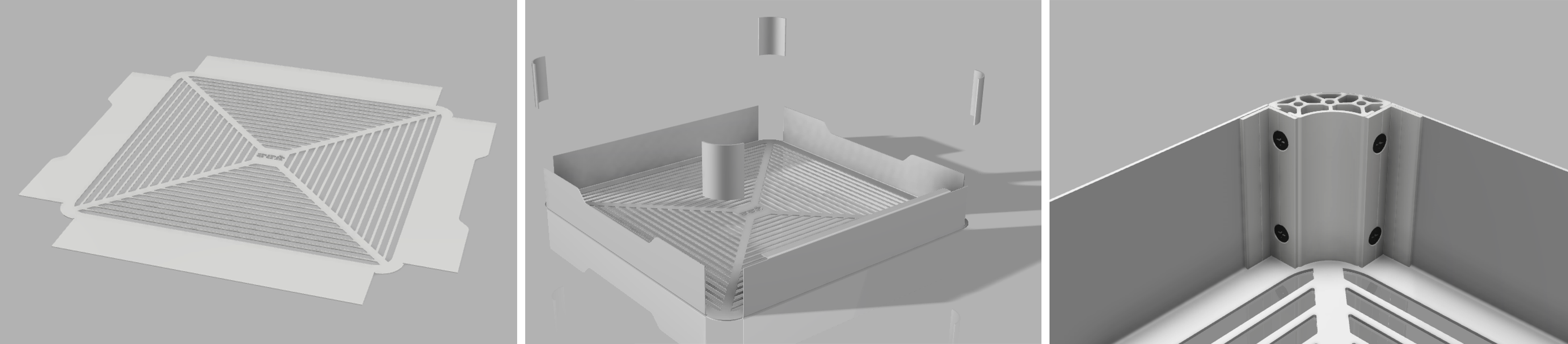 How the lower grid is created. Left: Flat grid. Center: Folded sides and attached corners forms a box. Right: Added corner profile for increased stability.