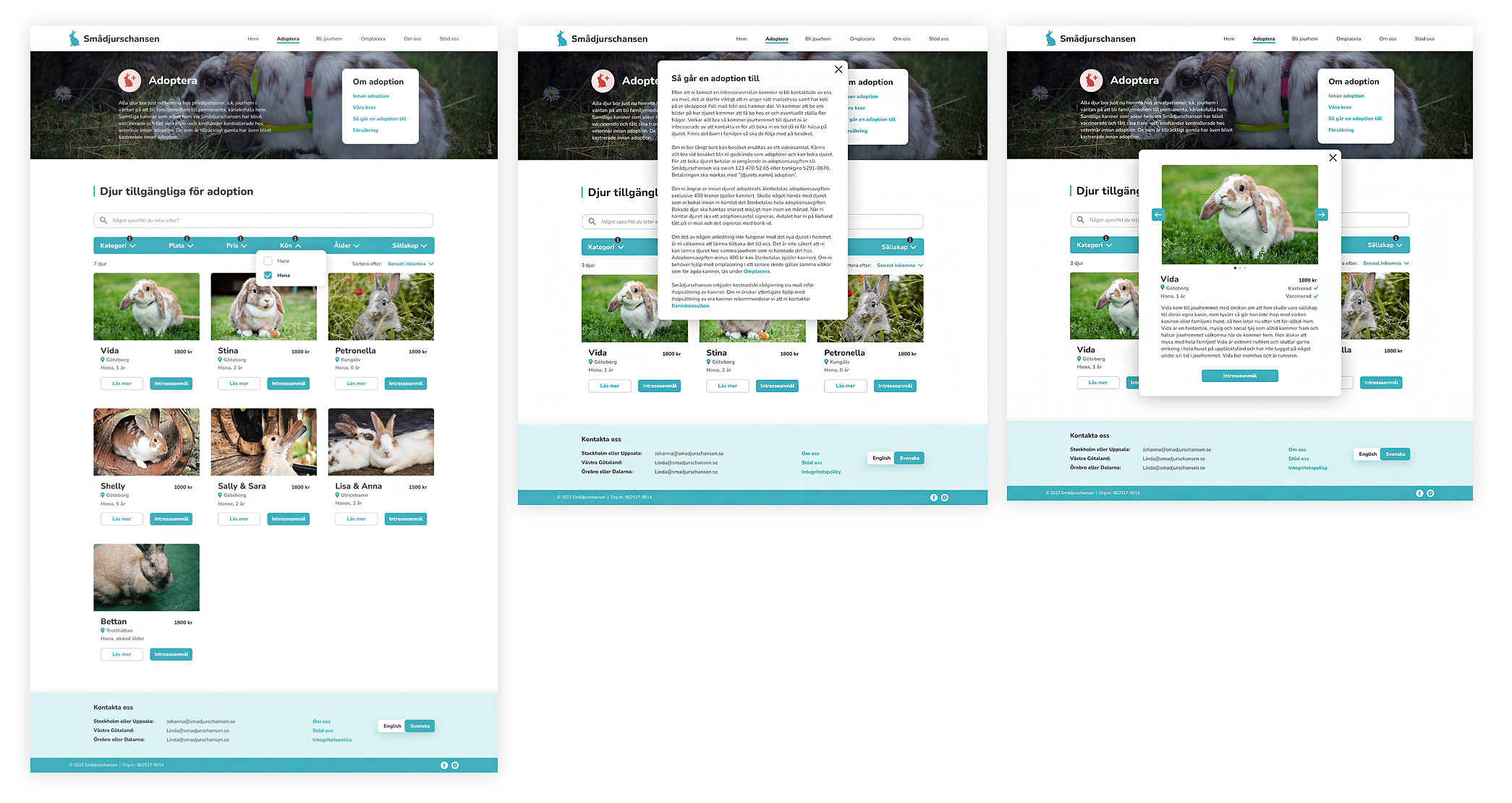 Smådjurschansen website redesign showing screens for browsing and finding the perfect pet.