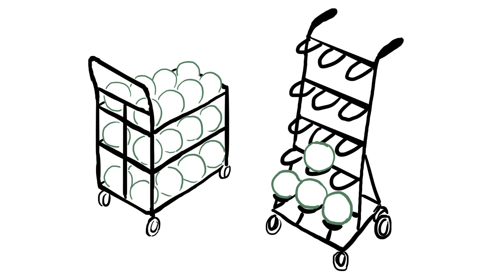 Early sketches of a bowling ball wagon for transporting balls.