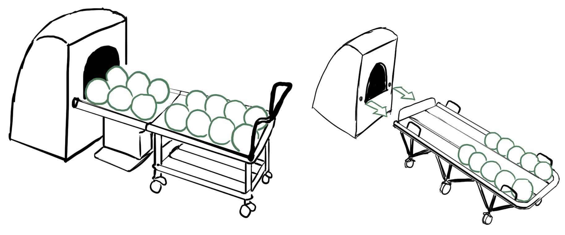 Sketch of early concept of detachable bowling ball return which can be used as a wagon.