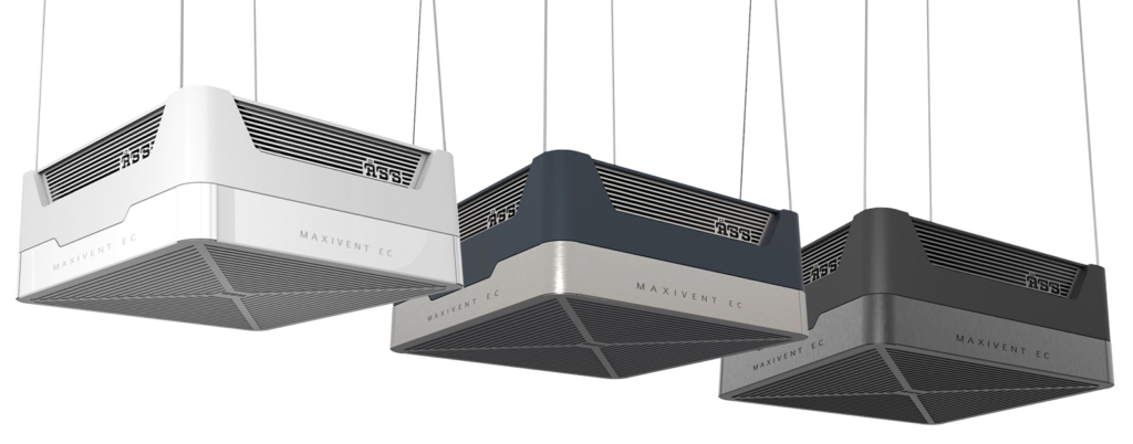 Maxivent EC in three different colour options; white, dark blue, dark grey.