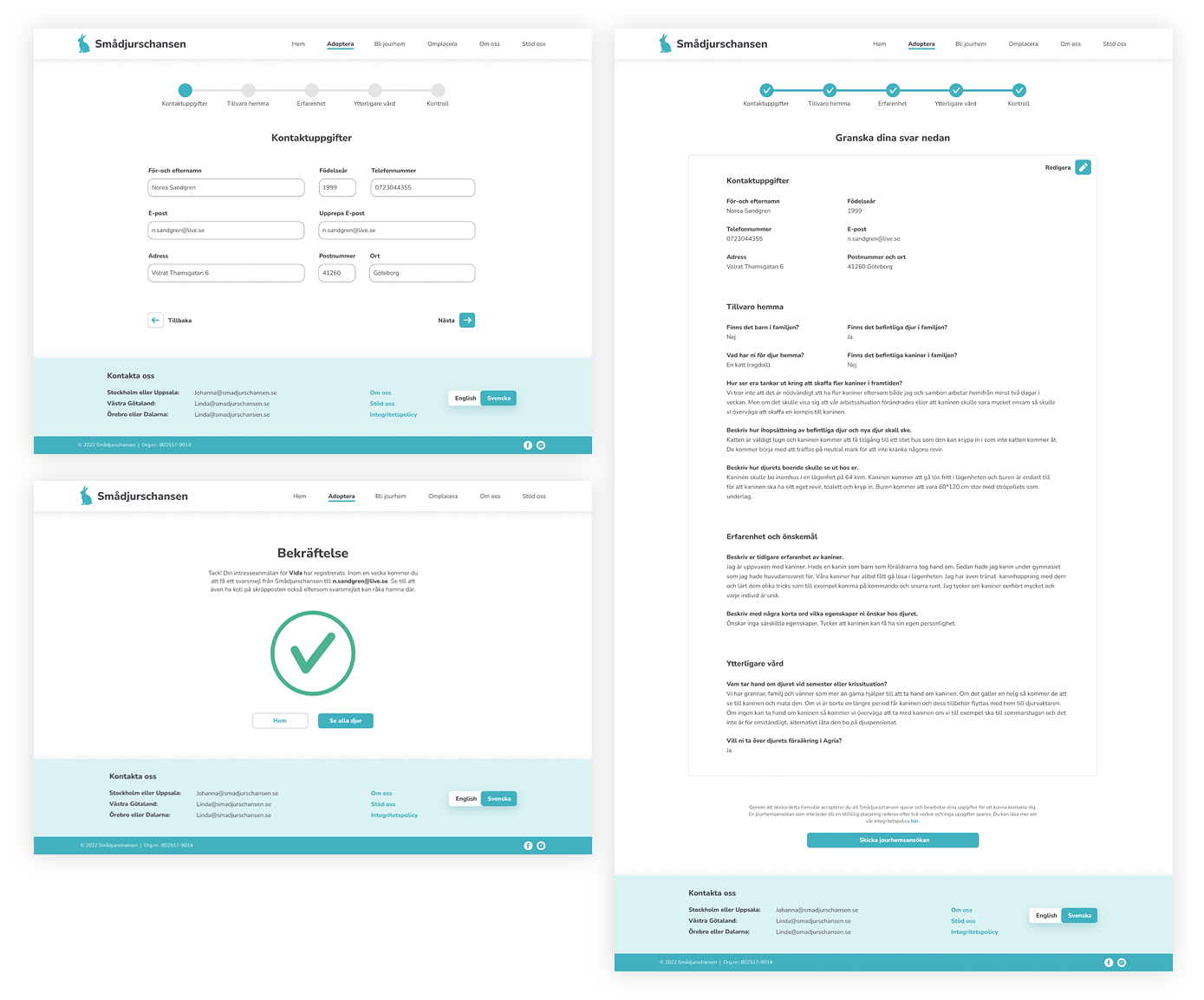 Smådjurschansen website redesign showing screens for filling out a form when adopting a pet.