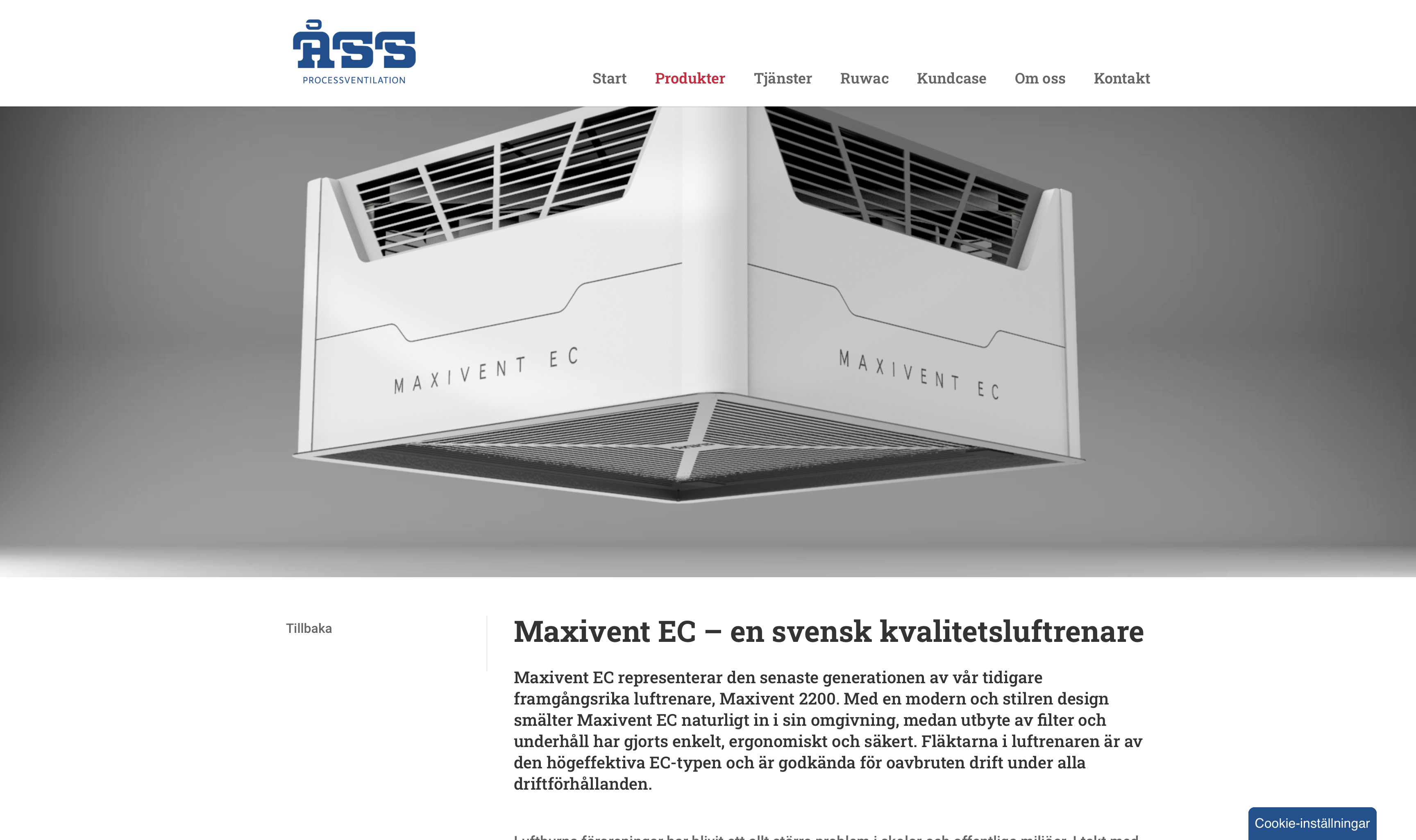 Screenshot of ÅSS's website, presenting Maxivent EC