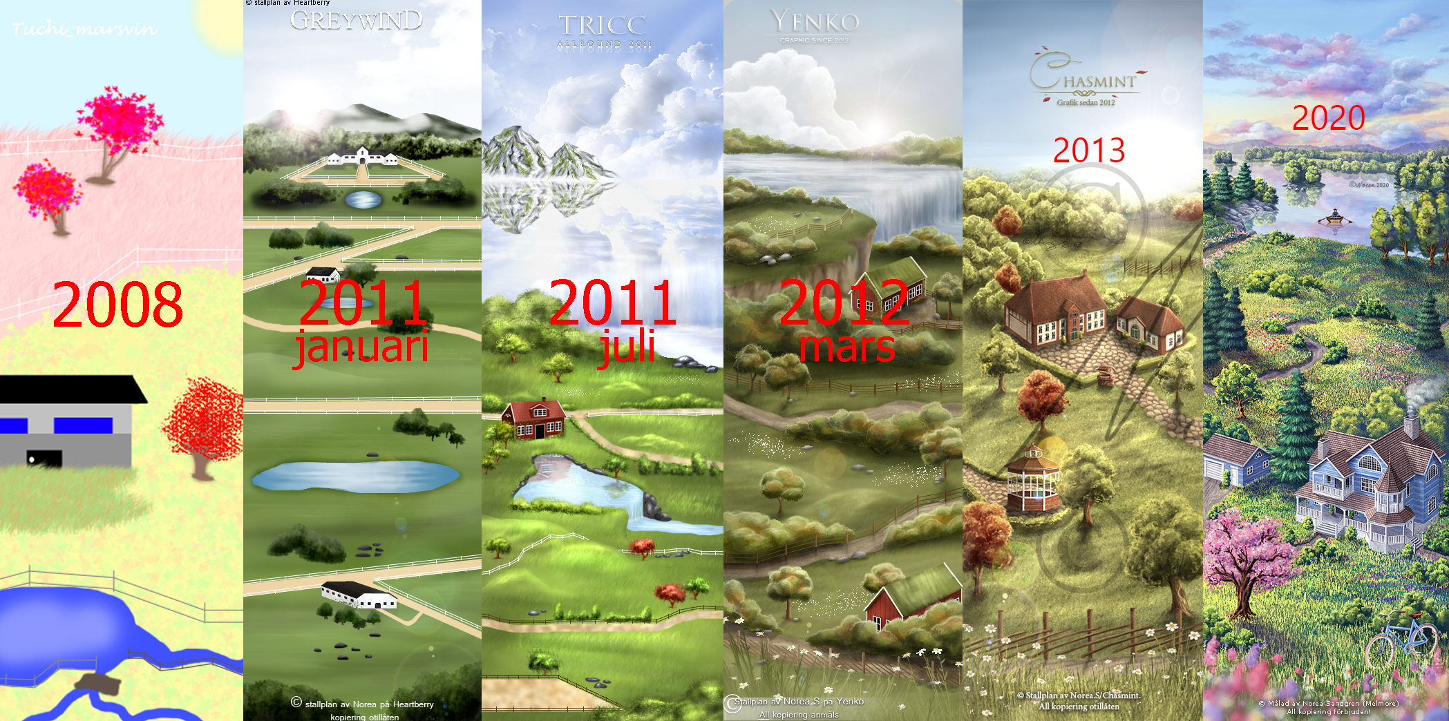 My skill progress in digital painting throughout the years. Six paintings are shown, the leftmost painting I made 2008 and the rightmost painting was done 2020.