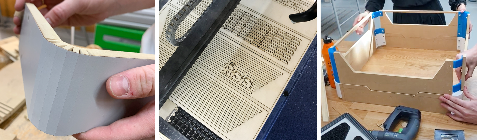 Left: Test of kerf bending shows visible material tension. Center: Laser cutting of the grid pattern. Right: Assembling the upper part and lower part together, with there help of 3D-printed corners and glue.