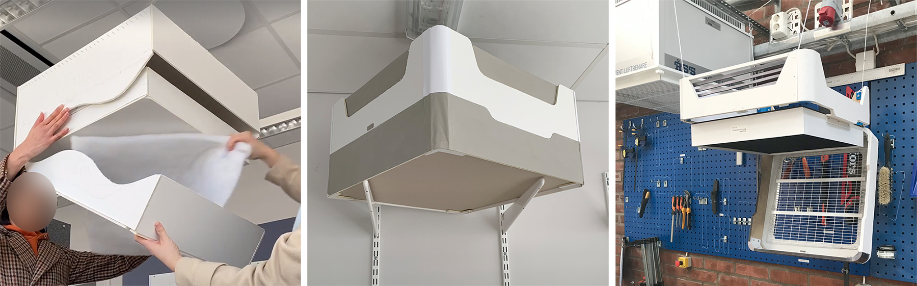 Early prototypes of EC. Left: Simple foam board model to test the filter exchange concept. Center: A foam board model with two parts, closer to the final concept. Right: Prototype of the final concept, mounted in the ceiling.