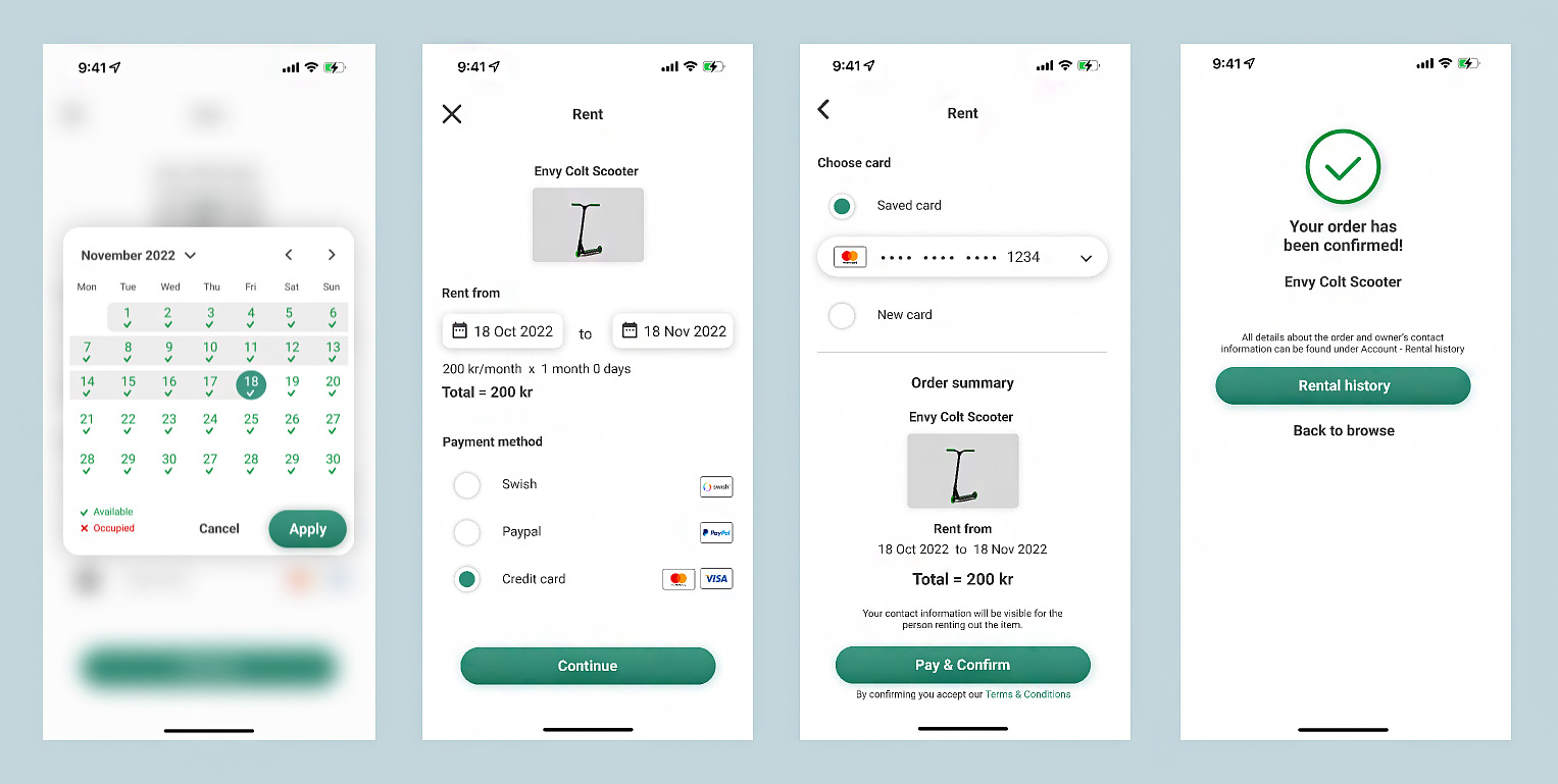 Benfic screens showing the flow of renting a product.