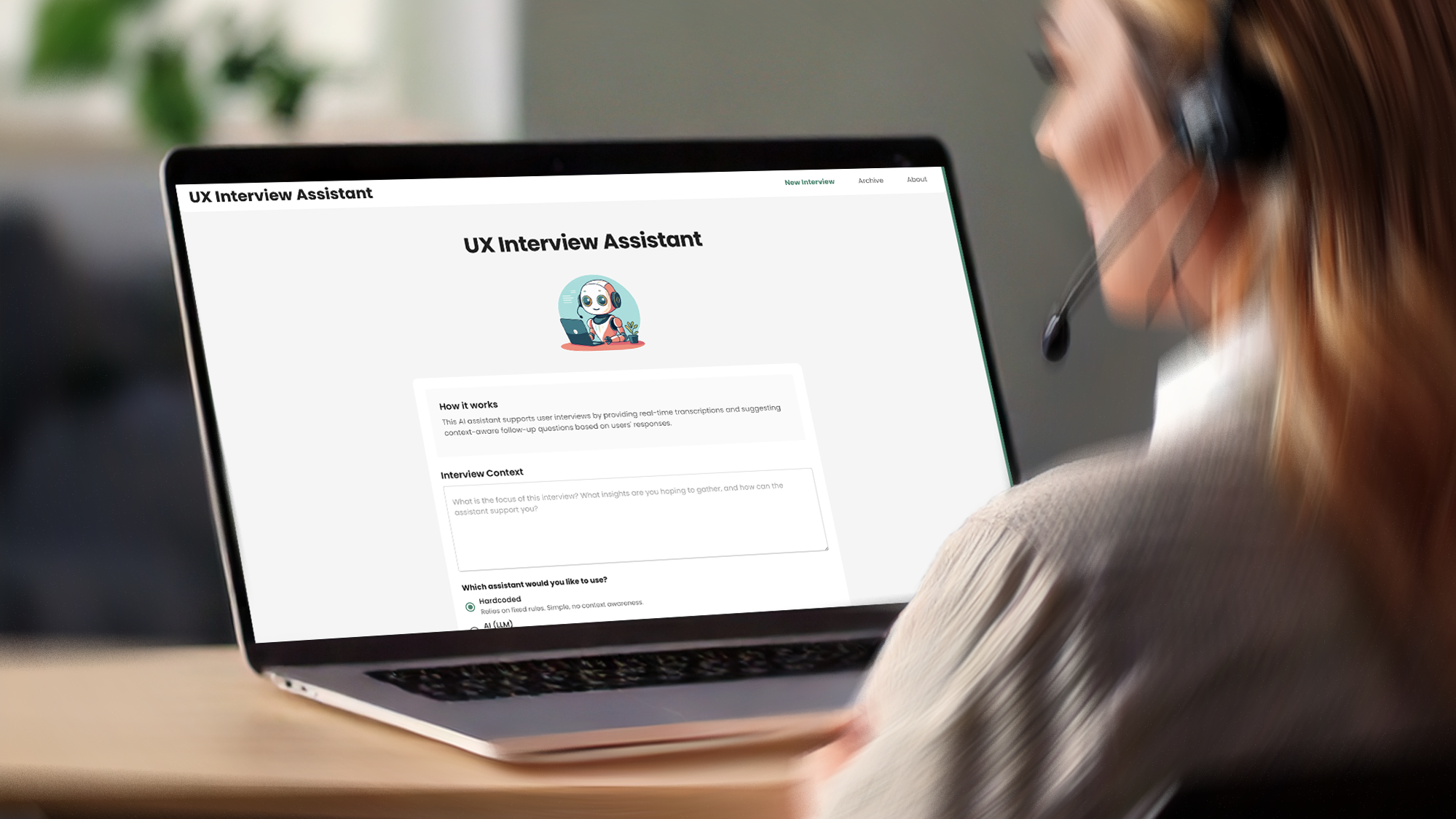 Woman in an online meeting using the UX Interview Assistant.