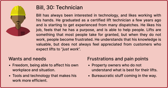 Persona of a lift technician. A 30 year old man who is interested in technology but dislikes customers just expecting everything to work.